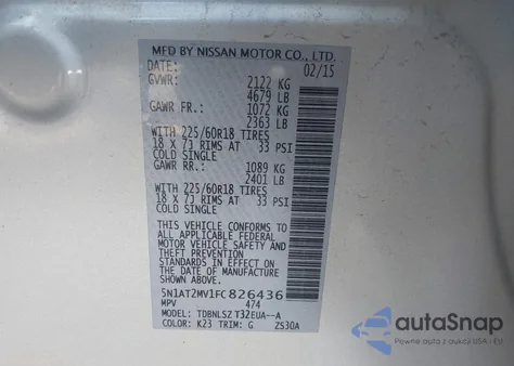 2015 Nissan Rogue Sl из США, поврежденный, VIN 5N1AT2MV1FC826436